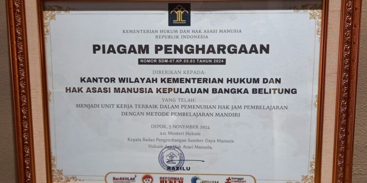 Kanwil Kemenkumham Babel Raih Penghargaan atas Pemenuhan Hak Jam Pembelajaran Mandiri