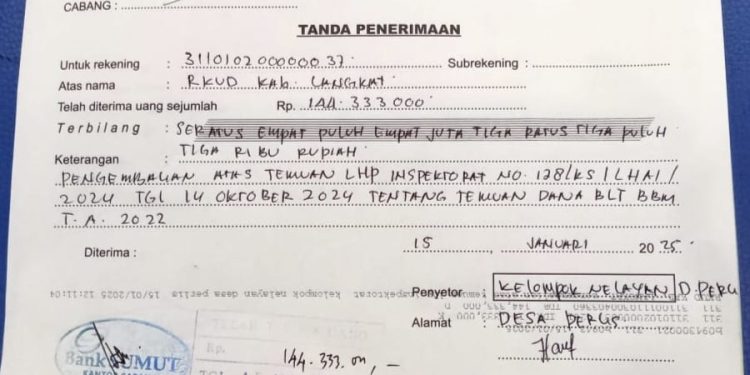Desa Perlis Kembalikan Dana BLT BBM Senilai Rp 144,33 juta ke RKUD Langkat.