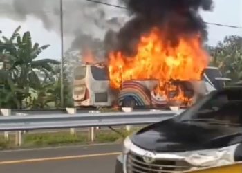 Bus Pelangi Hangus Terbakar di Tol Kualanamu Setelah Ditabrak Hilux, Seluruh Penumpang Selamat