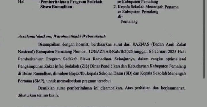 Surat Edaran Dindikbud Pemalang Soal Sedekah Siswa Ramadhan Tuai Kontroversi
