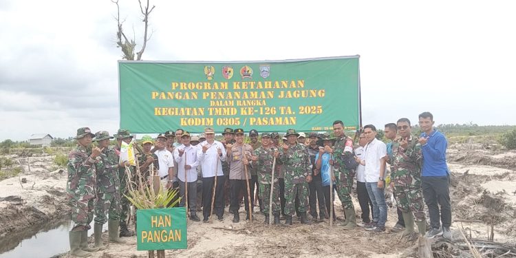 Personil Kodim 0305 Pasaman Dampingi Masyarakat Mandiangin Tanam Jagung